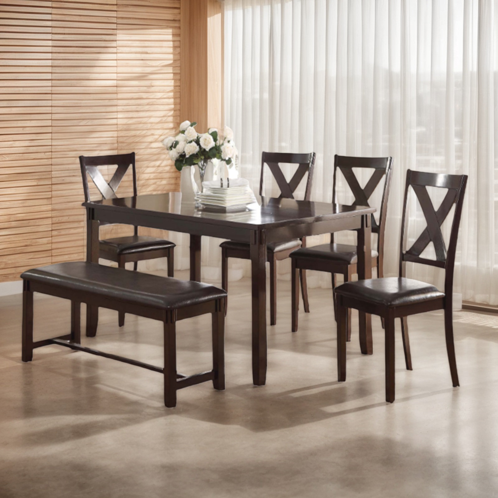 Gracie Oaks 60" Dining Room Table Set for 6 with Bench - Espresso ...